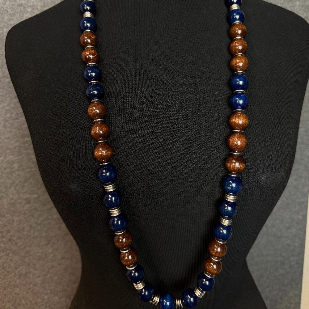 Yves Saint Laurent YSL Vintage Brown and Blue Wooden Bead Necklace - Previously